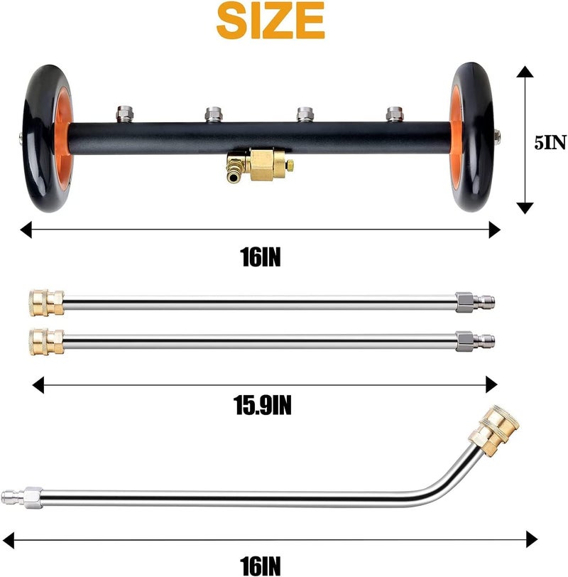 Shakti Technology DP-32 16 Inch Dual-Function Undercarriage Cleaner, Surface Cleaner for Pressure Washer, Underbody Car Wash Water Broom with 2 Piece Extension Wand and 90 Degree Angled Wand - Image 4