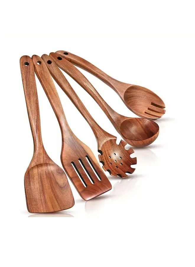 5 Piece Natural Wood Kitchen Utensil Set Heat And Scratch Resistant Non Stick Safe - Image 1