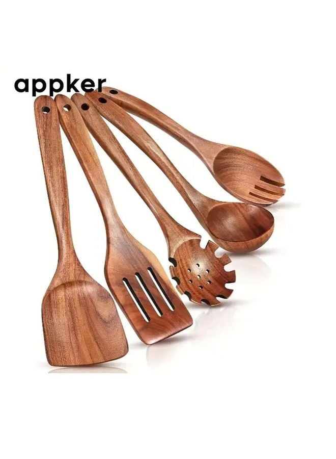 5 Piece Natural Wood Kitchen Utensil Set Heat And Scratch Resistant Non Stick Safe - Image 2