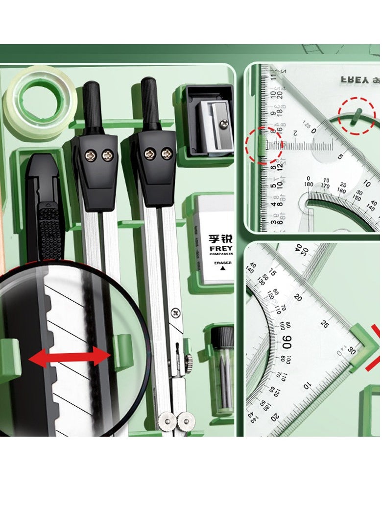 Excefore - Geometry Set, Set of 16, with Swing Arm Protractor Divider Set, Square Drawing Square Compasses and Protractors for Students Boys and Girls - Image 1