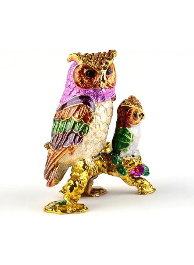 DAY TO DAY Two Colorful Owl Figurine In Branch Enameled Trinket Box