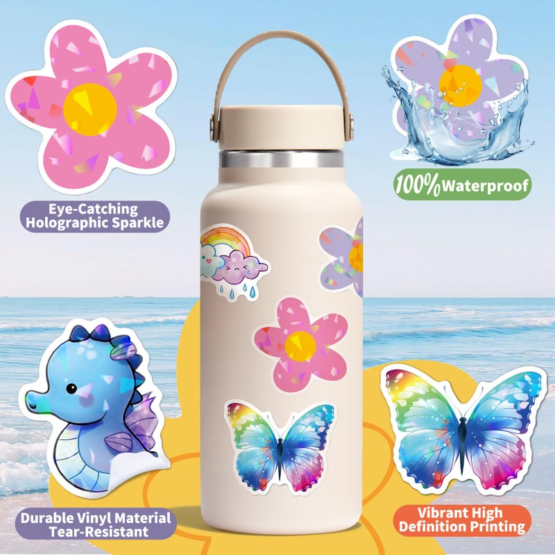 Nadadora 100pcs Y2k Holographic Aesthetic Stickers Pack,Preppy Waterproof Vinyl Decals for Water Bottle,Cup,Laptop,Scrapbook,Skateboard,Luggage,Phone,Bike.Cute Gifts for Kids, Girls, Teens, Boys - Image 4