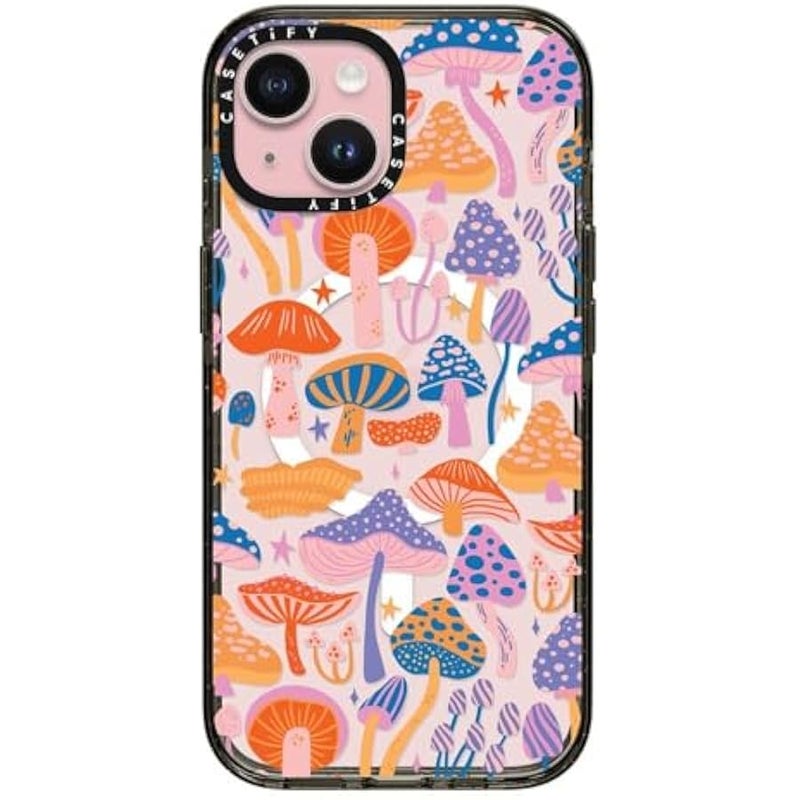 Casetify Impact iPhone 15 Case 【4X Military Grade Drop Tested / 8.2ft Drop Protection/Compatible with Magsafe】 - Cute Prints - Magic Mushrooms - Clear Black - Image 1