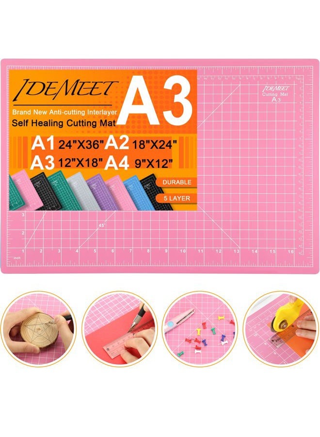 Idemeet Thickened 18"x12" Self Healing Cutting Mat, Rotary Cutting Sewing Mat for Crafts, 5-Ply Blade Table Protector Cut Board for Fabric Leather Cutting Quilting Modeling Hobby Project, A3, Pink - Image 1