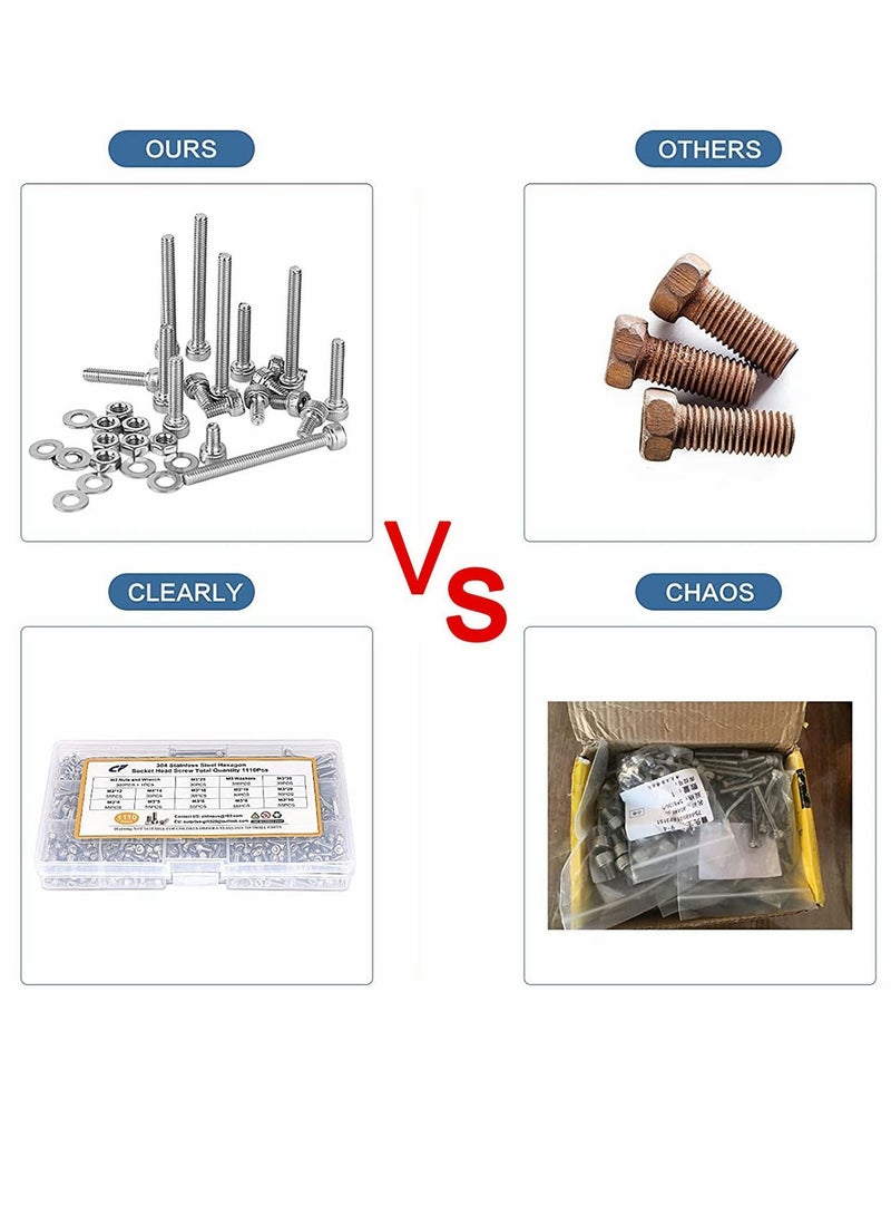 Y&D 1110pcs M3 Stainless Steel Screws Bolts Nuts Lock and Flat Gasket Washers Assortment Kit Precise Metric Set with 1Piece Hex Keys for Free included Tool Box  - Image 5