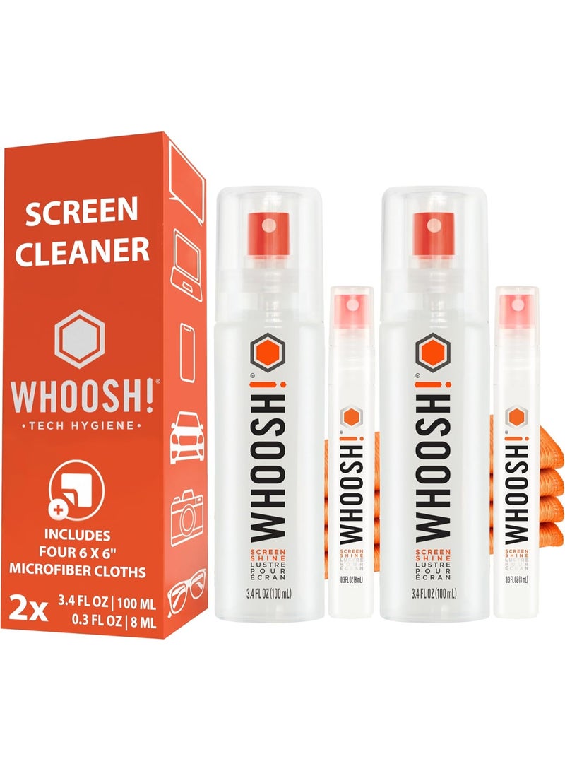 WHOOSH! رذاذ ومنشفة لتنظيف شاشة اللابتوب WHOOSH! [مجموعة من 2] - 3.4 + 0.3 أونصة سائلة + 2 قطعة قماش ميكروفايبر - ثنائي مع زجاجات كبيرة وحجم سفر لتنظيف النظارات وتنظيف شاشة السيارة - مجموعة تنظيف آيفون