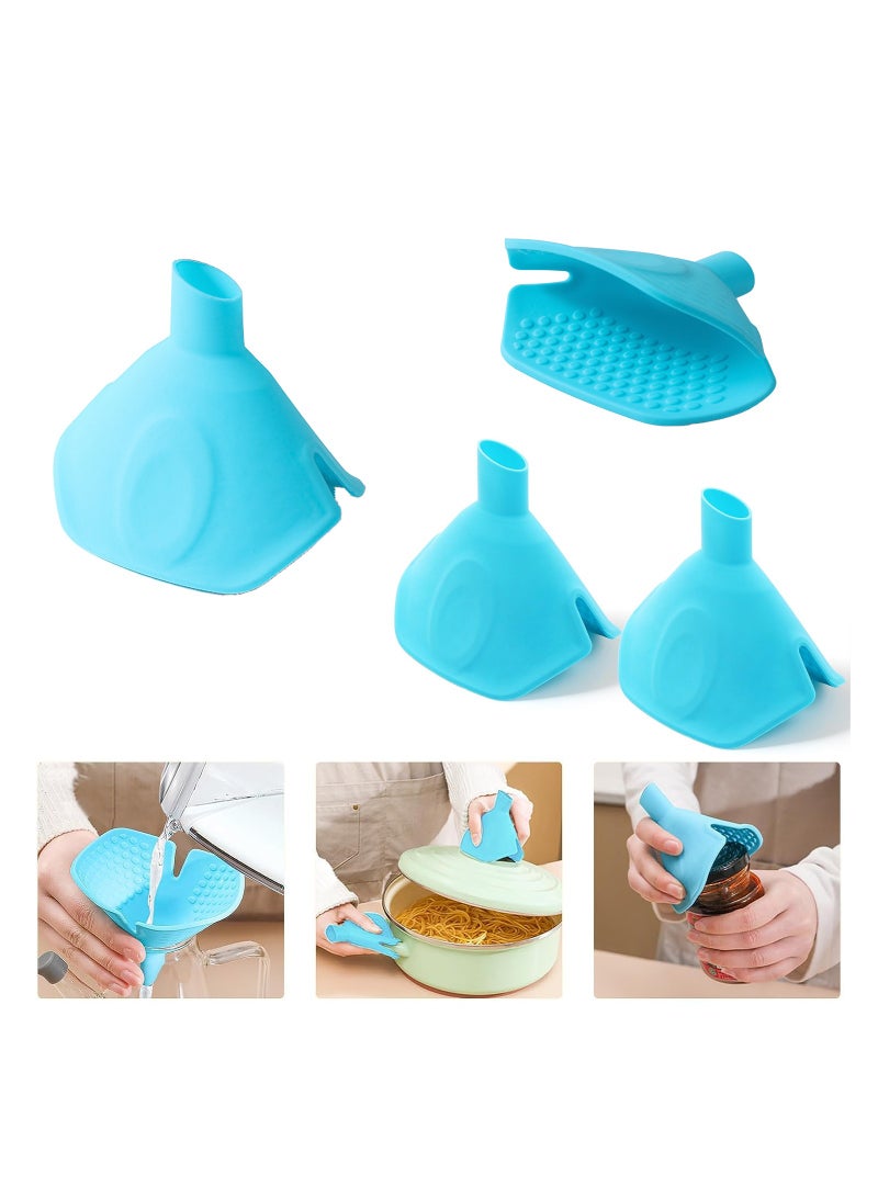 Multifunctional Silicone Funnel Insulation Clamp,  4PCS Kitchen Funnel, Heat Insulation Clip For Anti Scalding Dishes, Fan Shaped Silicone Aperture Funnel for Easy Use (Blue)