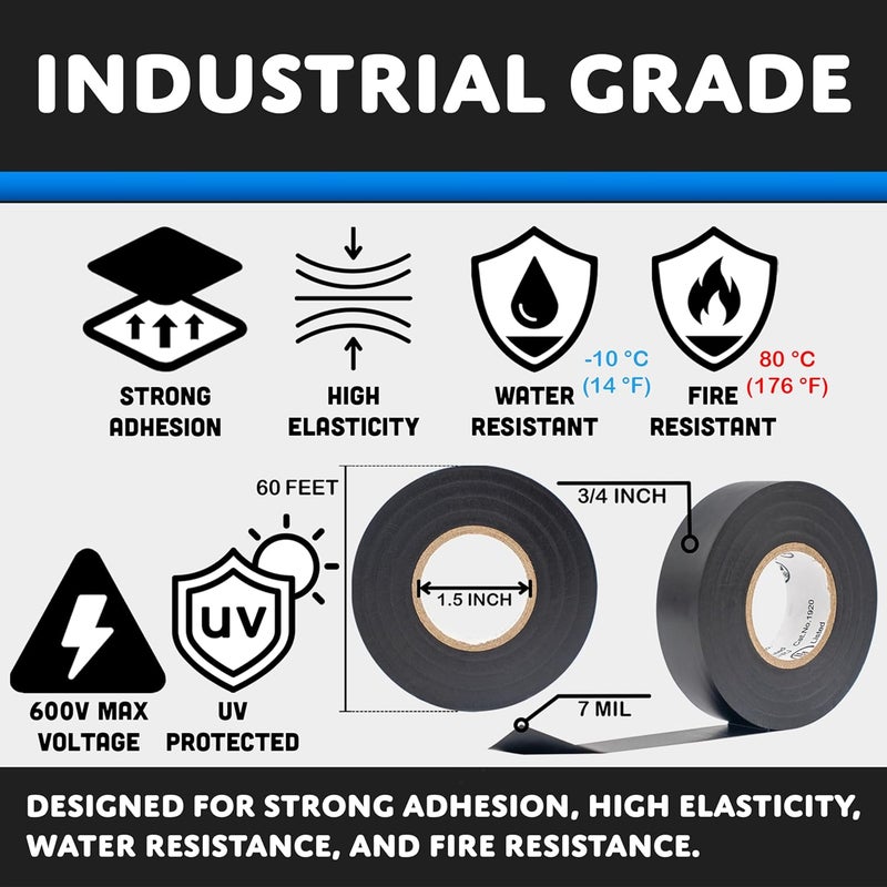 TradeGear شريط كهربائي ملون أزرق 1PK - PVC للاستخدام العام - مقاوم للماء، مقاوم للاشتعال، لاصق قائم على المطاط، معتمد من UL - مصنف لحد أقصى 600 فولت و80 درجة مئوية - 60 قدم × 3/4 بوصة × 0.07 بوصة - Image 2