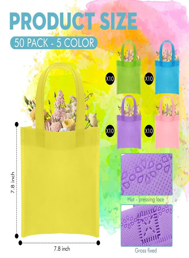 Cosblank 50 Pcs Mini Non Woven Tote Bag Bulk 7.8x7.8'' Pastel Small Basket Treat Goodie Rainbow Reusable Bag with Handle for Easter Wedding Birthday Baby Shower Party Gift Supplies (5 Colors - Image 2