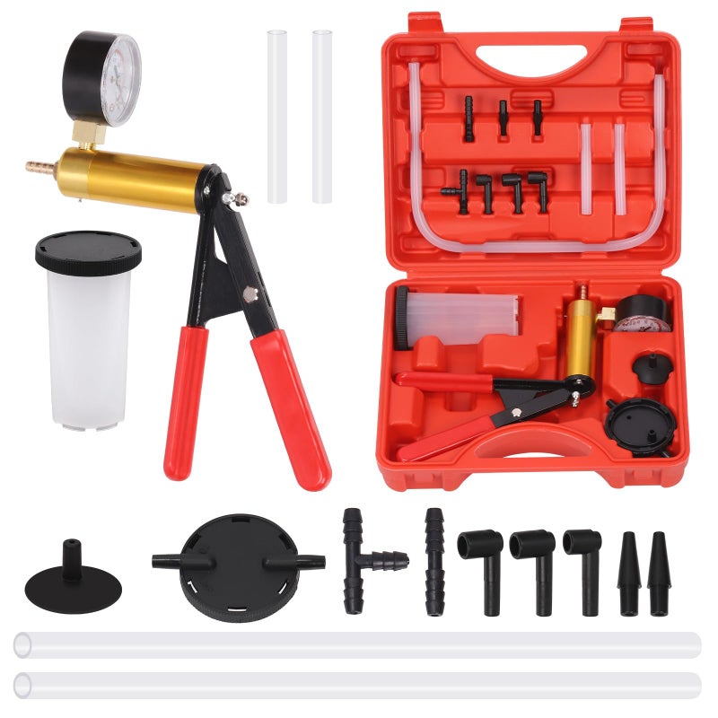 Tanstic 16Pcs Hand Held Vacuum Pump Brake Bleeder Kit Brake Bleeder Kit Hand Held Vacuum Pump Test Set Brake System Bleeding Tools with Gauge Adapters Storage Case for Motorcycle Car Truck Bike