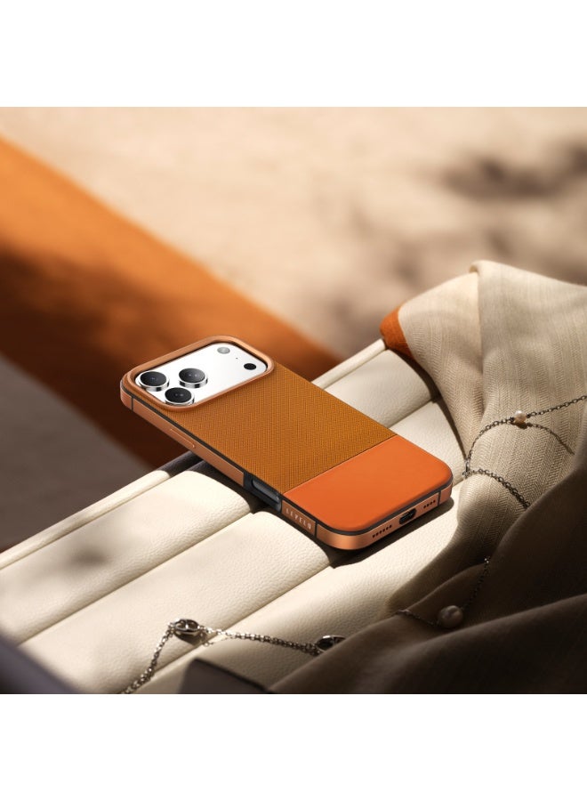 LEVELO iPhone 17 Pro Max MagSafe Case Cuir With Comfortable Grip & Premium PU Leather / Shock-Resistant Bumper / Aluminum Alloy Frame for Camera & Buttons / Strong Magnets - Sunrise Orange - Image 2