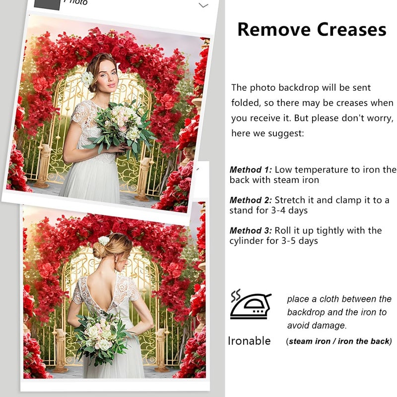 YongFoto Retro Castle Garden French Gold Gate Backdrop 10x8ft Red Rose Flower Arch Fairy Tale Wonderland Photography Background Birthday Wedding Party Banner Room Decorations Photoshoot Wallpaper - Image 5