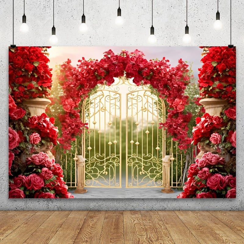 YongFoto Retro Castle Garden French Gold Gate Backdrop 10x8ft Red Rose Flower Arch Fairy Tale Wonderland Photography Background Birthday Wedding Party Banner Room Decorations Photoshoot Wallpaper - Image 2