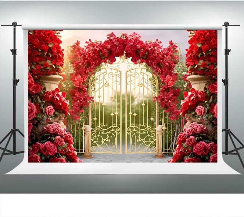 YongFoto Retro Castle Garden French Gold Gate Backdrop 10x8ft Red Rose Flower Arch Fairy Tale Wonderland Photography Background Birthday Wedding Party Banner Room Decorations Photoshoot Wallpaper - Image 3