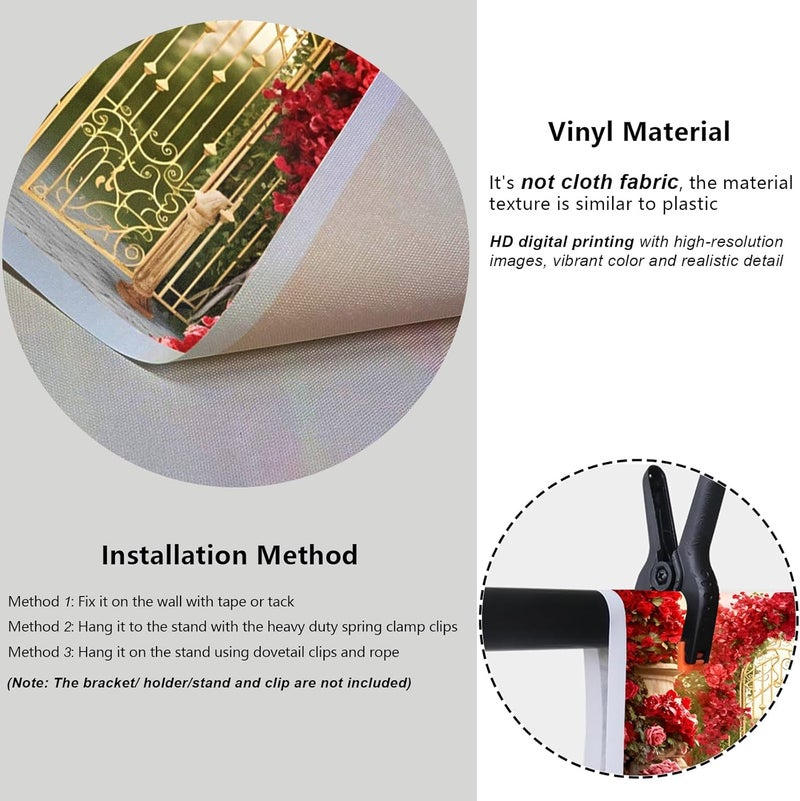 YongFoto Retro Castle Garden French Gold Gate Backdrop 10x8ft Red Rose Flower Arch Fairy Tale Wonderland Photography Background Birthday Wedding Party Banner Room Decorations Photoshoot Wallpaper - Image 4