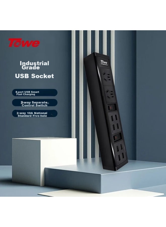 Towe High-power Industrial-grade Multi-port Usb Socket Pdu Power Strip, Dual-control Power Strip With 2 Main Outlets And 8 Usb Ports - Image 1
