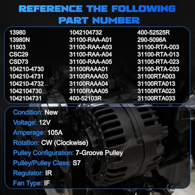 YOMALL Alternator 13980 for 2007-2011 CR-V 2.4L, for 2006-2011 Civic 2.0L, for 2003-2007 Accord 2.4L, 2003-2011 Element 2.4L, for 2004-2008 TSX 2.4L, for 2004-2008 TSX 2.4L, for 2006-2008 CSX 2.0L - Image 3