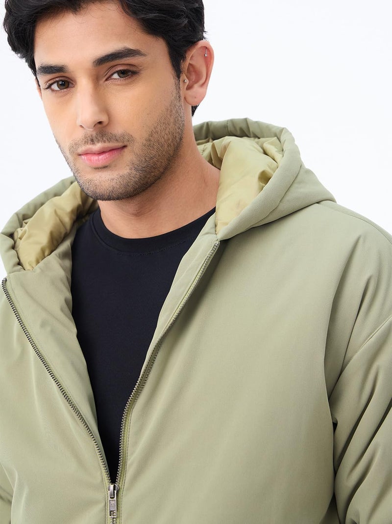 The Souled Store Oversized Jacket: Hunter Men and Boys Full Sleeves Hooded Neck Zipper Front Green Solid Polyester Lightweight Winter Oversized Fit Puffer Jacket - Image 5