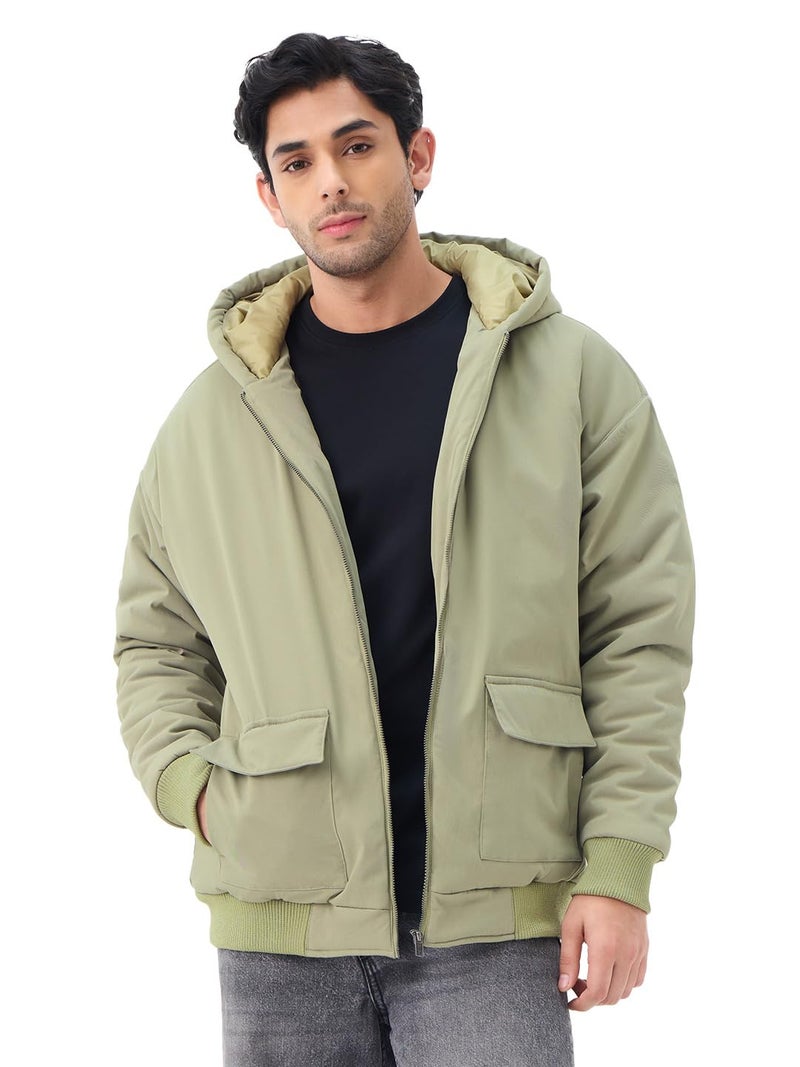 The Souled Store Oversized Jacket: Hunter Men and Boys Full Sleeves Hooded Neck Zipper Front Green Solid Polyester Lightweight Winter Oversized Fit Puffer Jacket - Image 1