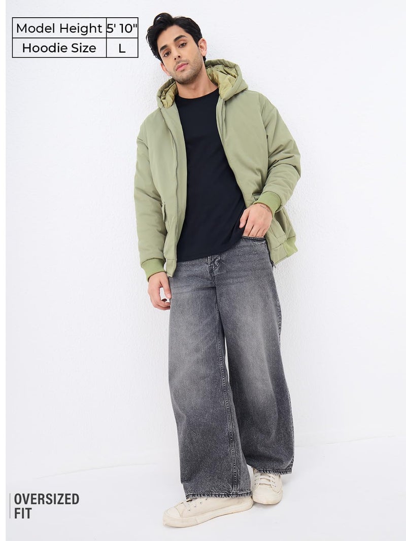 The Souled Store Oversized Jacket: Hunter Men and Boys Full Sleeves Hooded Neck Zipper Front Green Solid Polyester Lightweight Winter Oversized Fit Puffer Jacket - Image 2