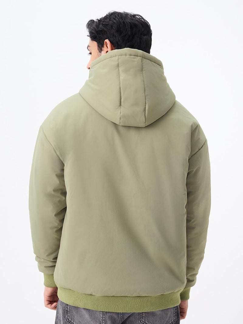 The Souled Store Oversized Jacket: Hunter Men and Boys Full Sleeves Hooded Neck Zipper Front Green Solid Polyester Lightweight Winter Oversized Fit Puffer Jacket - Image 3