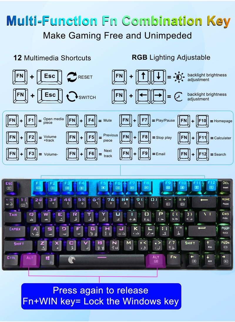 لوحة مفاتيح ميكانيكية للألعاب الميكانيكية Z-88 إنجليزي وعربي RGB، لوحة معدنية، مفاتيح خطية حمراء، لوحة مفاتيح ذات تخطيط 75%، 81 مفتاحًا مدمجًا لأجهزة الماك والكمبيوتر الشخصي، أسود