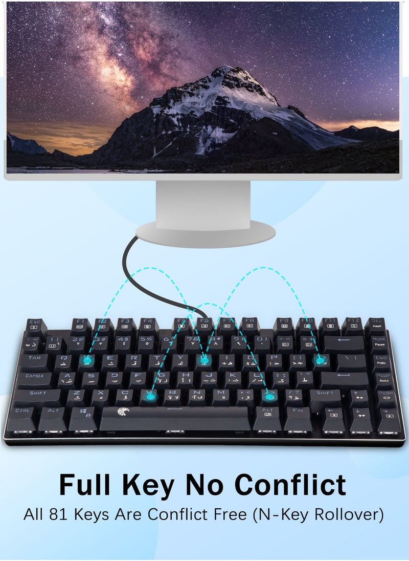 لوحة مفاتيح ميكانيكية للألعاب الميكانيكية Z-88 إنجليزي وعربي RGB، لوحة معدنية، مفاتيح خطية حمراء، لوحة مفاتيح ذات تخطيط 75%، 81 مفتاحًا مدمجًا لأجهزة الماك والكمبيوتر الشخصي، أسود