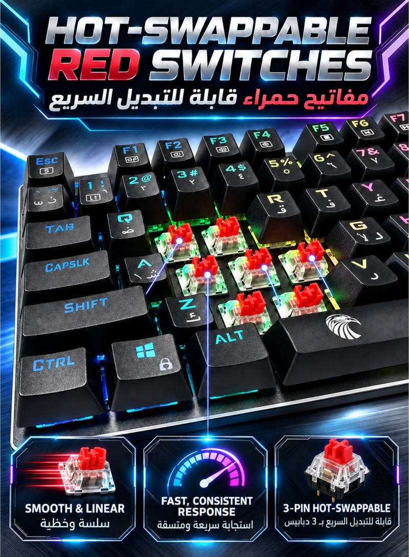 E-YOOSO Z-88 English&Arabic RGB Mechanical Gaming Keyboard, Metal Panel, Linear Red Switches, 75% Layout Keyboard, Compact 81 Keys for Mac, PC, Black - Image 5