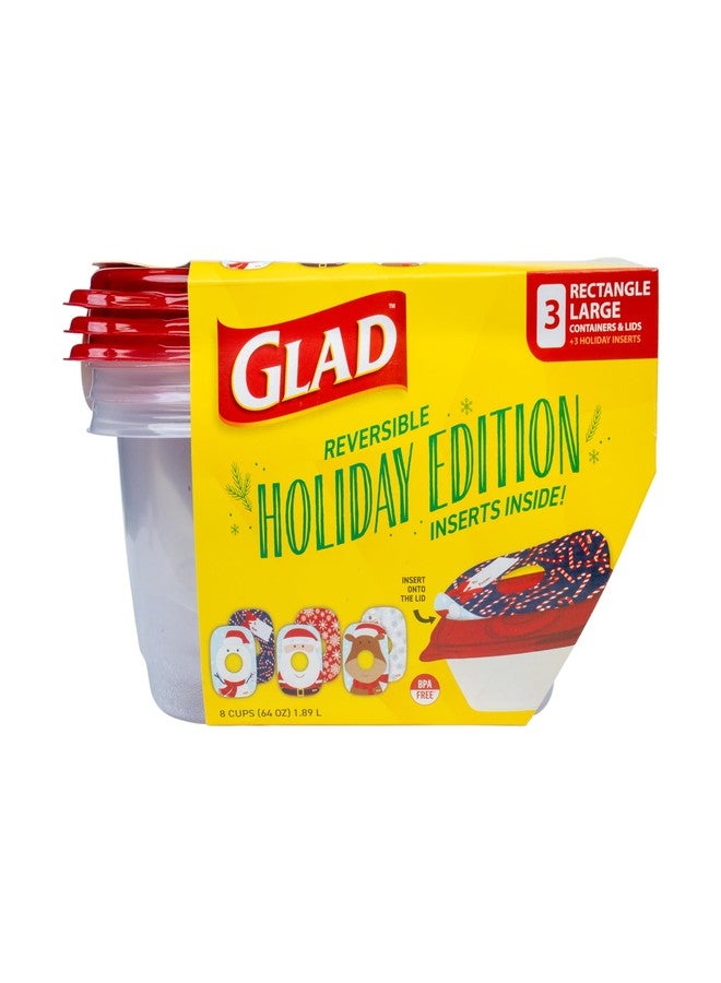 GladWare Holiday Food Storage Containers with Reversible Gift Tags, 3 Count Large Rectangular Containers & Lids, 64oz | Microwave-Safe, Freezer-Safe, Dishwasher-Safe - Image 1