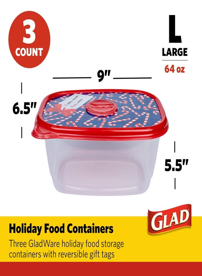 GladWare Holiday Food Storage Containers with Reversible Gift Tags, 3 Count Large Rectangular Containers & Lids, 64oz | Microwave-Safe, Freezer-Safe, Dishwasher-Safe - Image 2