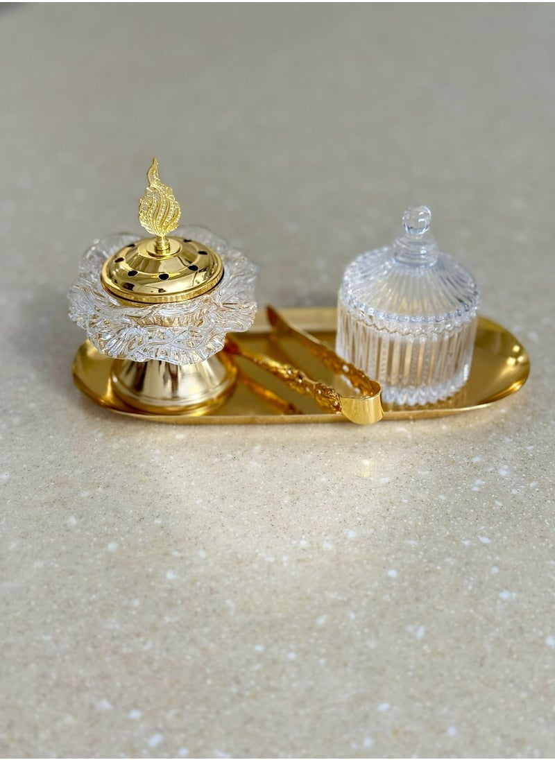 Generic - Breeze Luxurious Arabic Bakhoor Burner Set – Elegant Crystal & Gold Incense Holder with Tongs and Storage Jar - Image 1