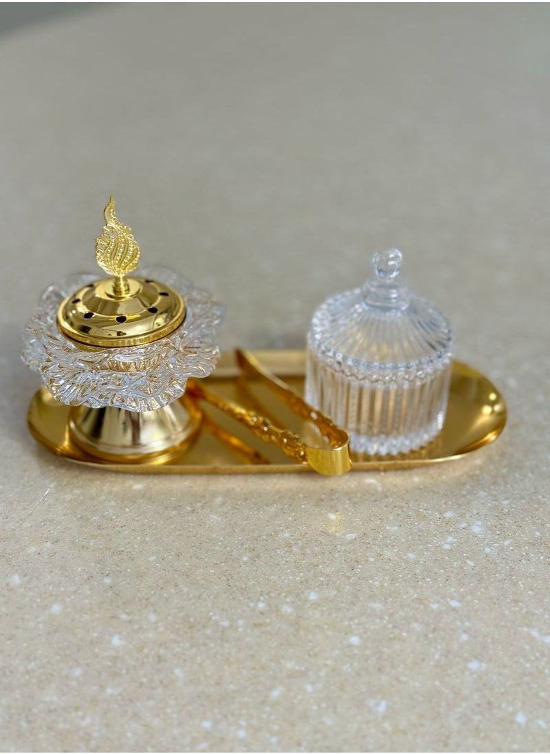 Generic - Breeze Luxurious Arabic Bakhoor Burner Set – Elegant Crystal & Gold Incense Holder with Tongs and Storage Jar - Image 1