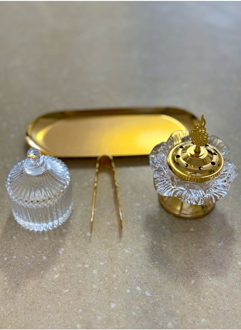 Generic - Breeze Luxurious Arabic Bakhoor Burner Set – Elegant Crystal & Gold Incense Holder with Tongs and Storage Jar - Image 1