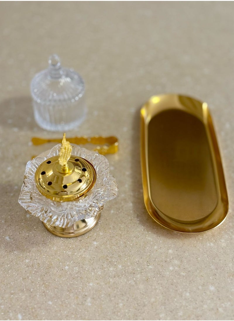 Generic - Breeze Luxurious Arabic Bakhoor Burner Set – Elegant Crystal & Gold Incense Holder with Tongs and Storage Jar - Image 1
