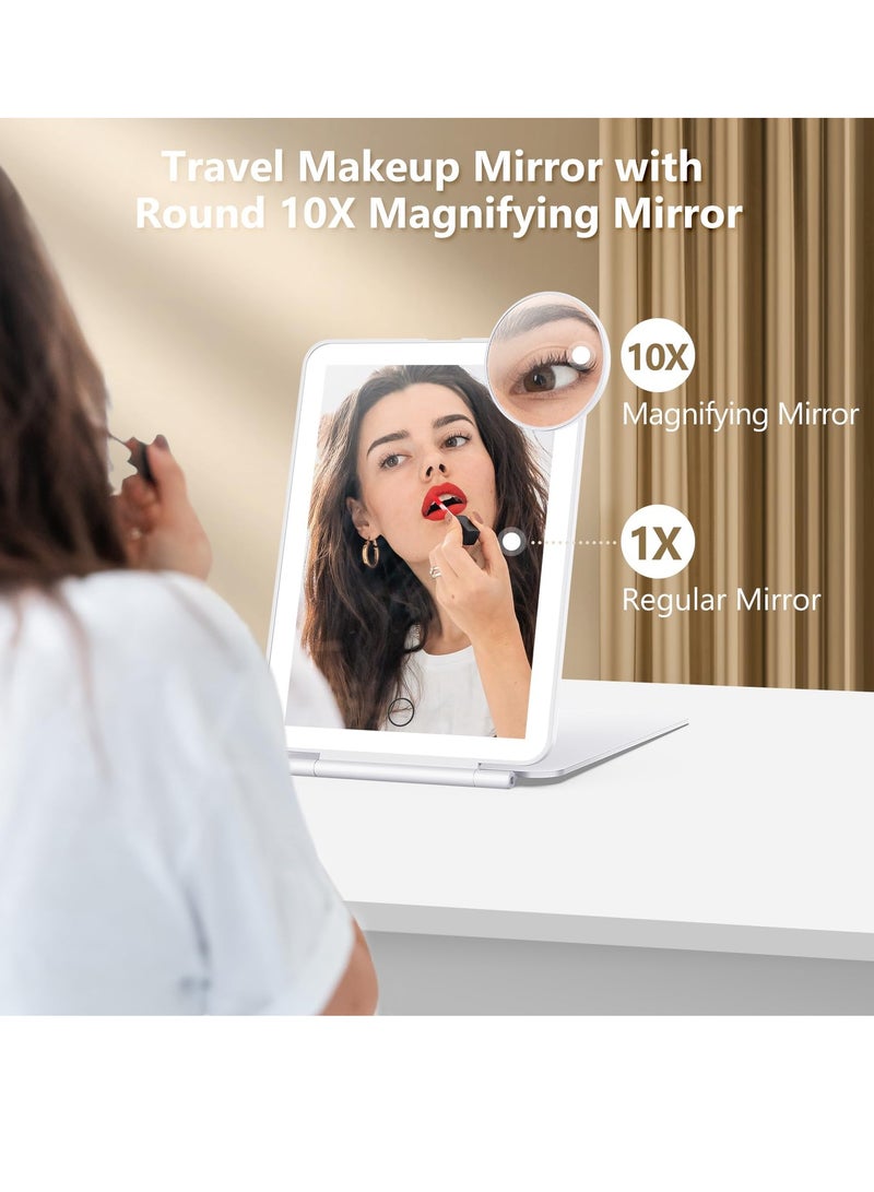 هاهاهاي مرآة مكياج محمولة بإضاءة LED، مرآة مكياج محمولة، مرآة تجميل مع مرآة مكبرة 10X، 3 ألوان إضاءة 80LED، بطارية 2000 مللي أمبير، أساسيات السفر للنساء (أبيض) - Image 3