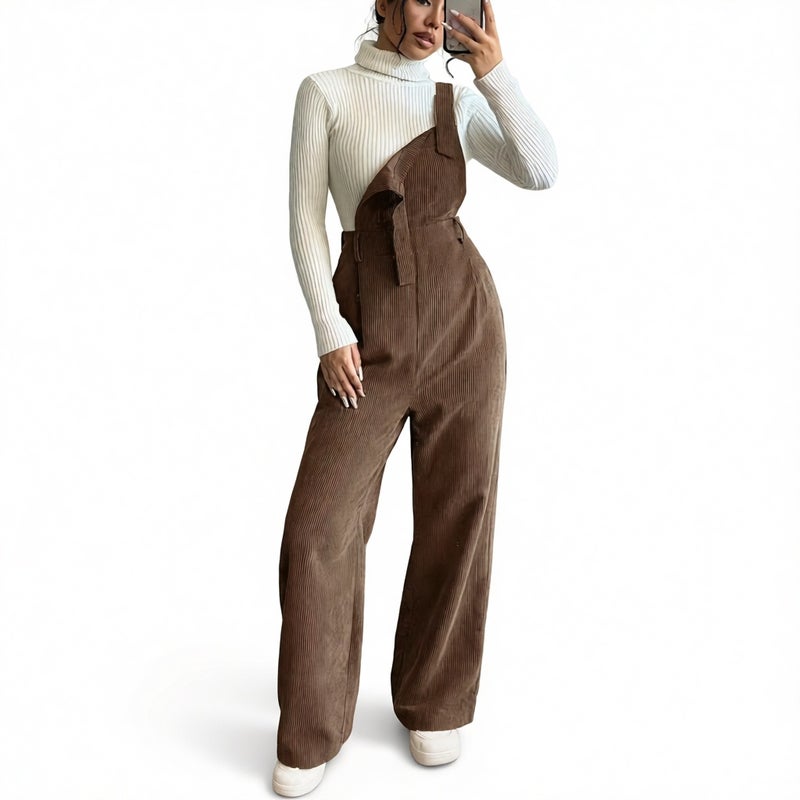 Women's Corduroy Jumpsuit Adjustable Strap Wide Leg Overalls - Image 3