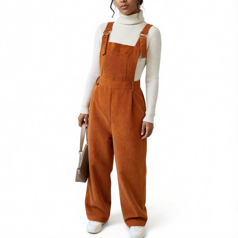 Women's Corduroy Jumpsuit Adjustable Strap Wide Leg Overalls - Image 4