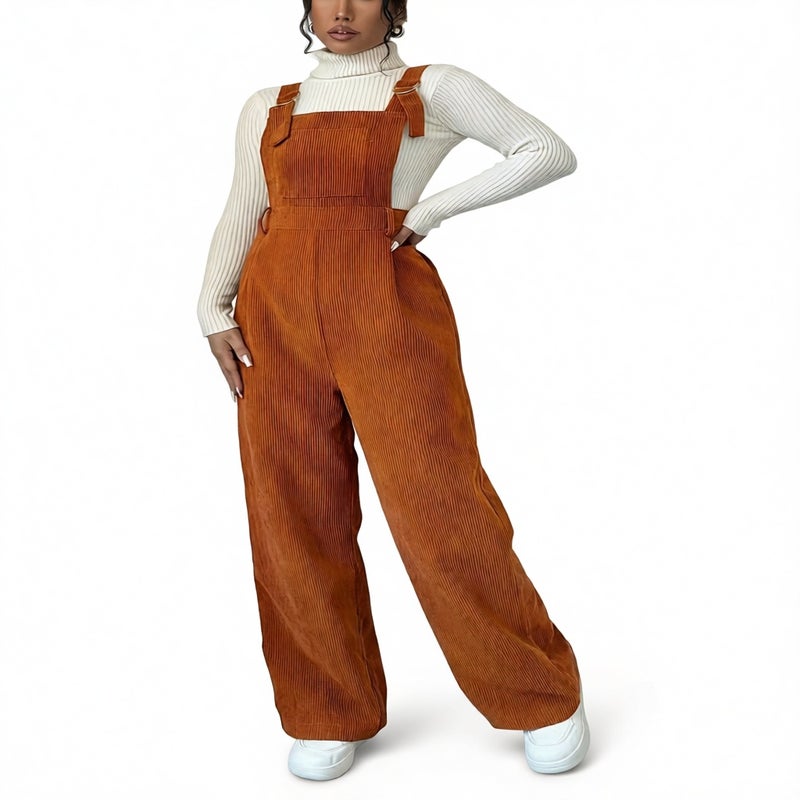 Women's Corduroy Jumpsuit Adjustable Strap Wide Leg Overalls - Image 1