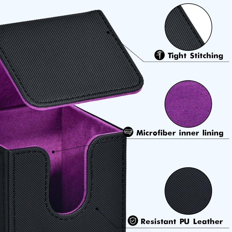 ZLCA Card Deck Box for MTG, Yugioh Deck Case Holds 100+ Single Sleeved Cards, PU Leather Magnetic Storage Box Fits for CCG TCG Sport Card (Black& Purple) - Image 2
