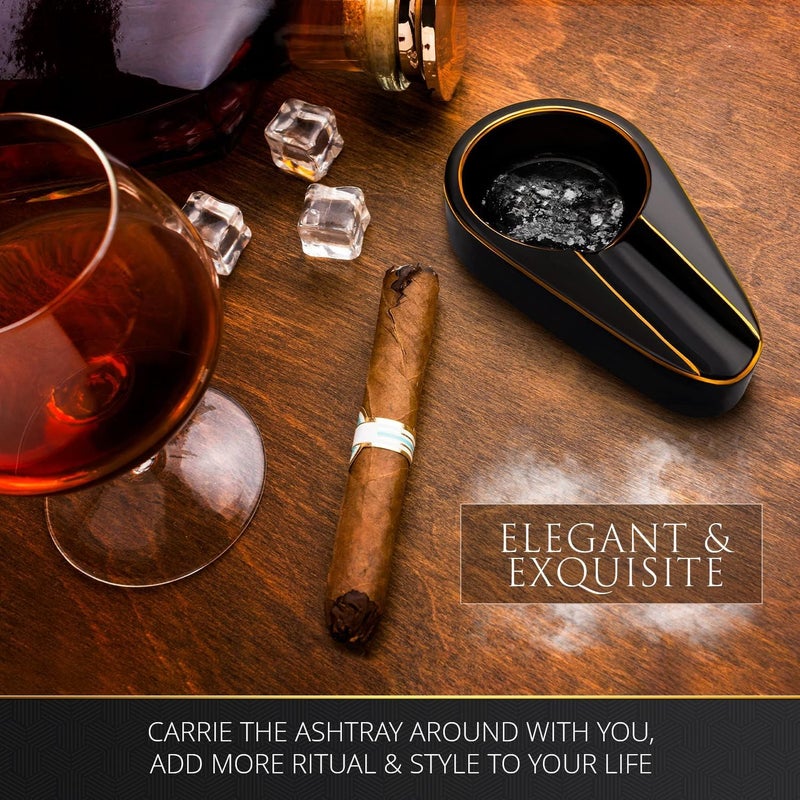 Cigar Ashtray - Black Gilt Ceramic Portable Travel Ash Tray with Round Ash Slot - Image 3