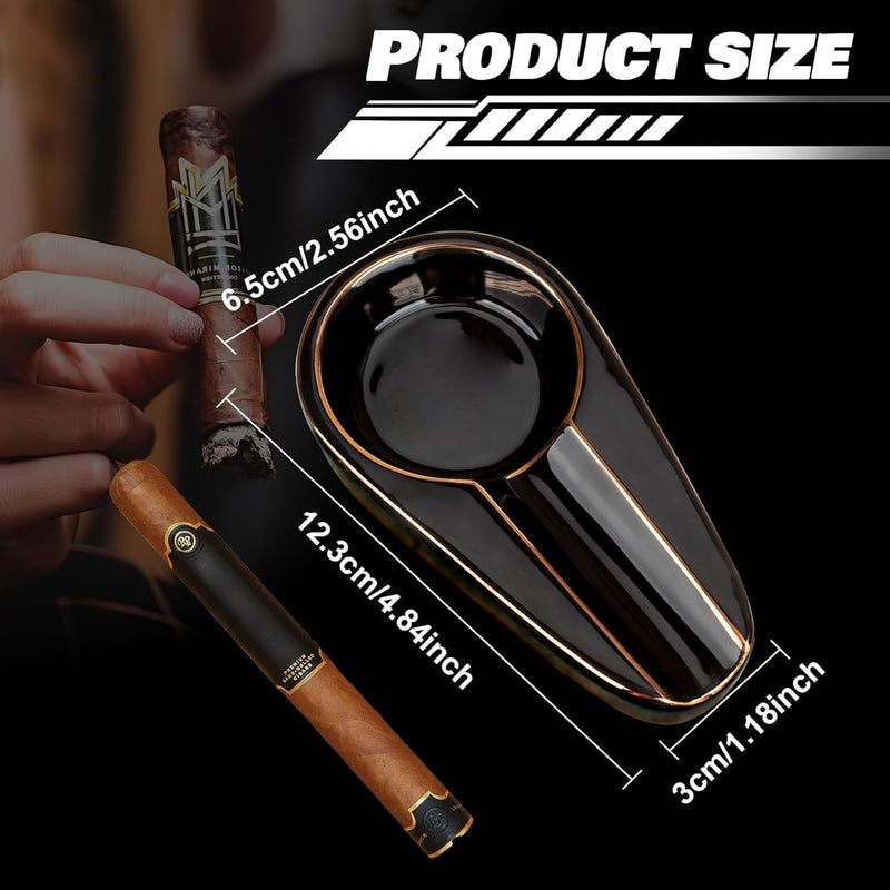 Cigar Ashtray - Black Gilt Ceramic Portable Travel Ash Tray with Round Ash Slot - Image 2