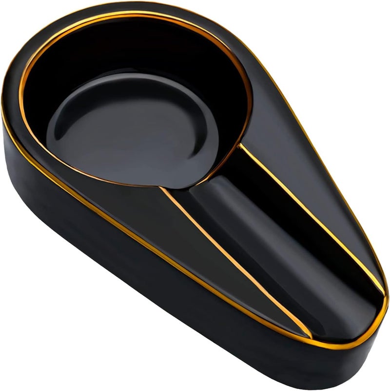 Cigar Ashtray - Black Gilt Ceramic Portable Travel Ash Tray with Round Ash Slot - Image 1