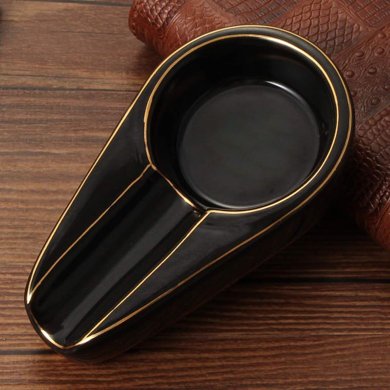 Cigar Ashtray - Black Gilt Ceramic Portable Travel Ash Tray with Round Ash Slot - Image 5