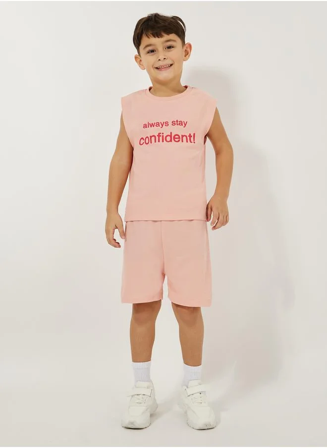ستايلي Waffle Knit Slogan Print Tank & Shorts Set