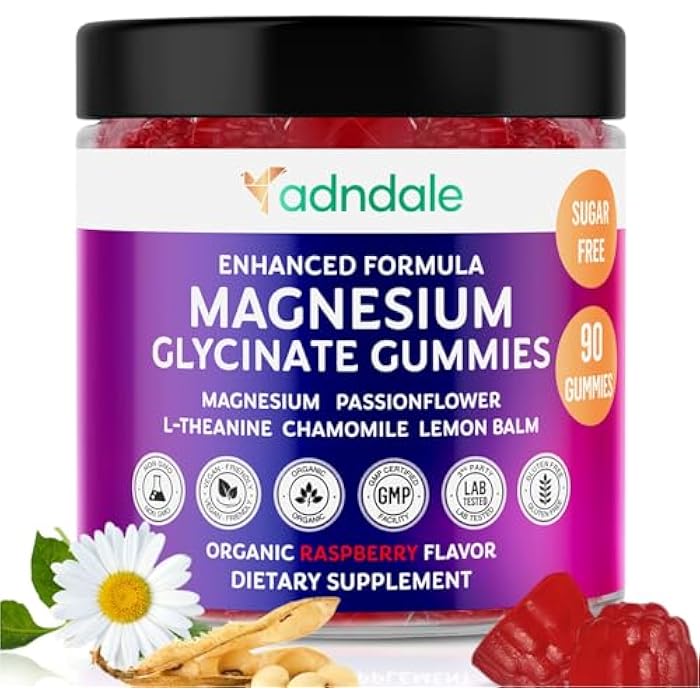 Adndale 90CT Magnesium Glycinate Gummies. Sugar Free Chews for Adults & Kids. Raspberry Flavour - Image 1