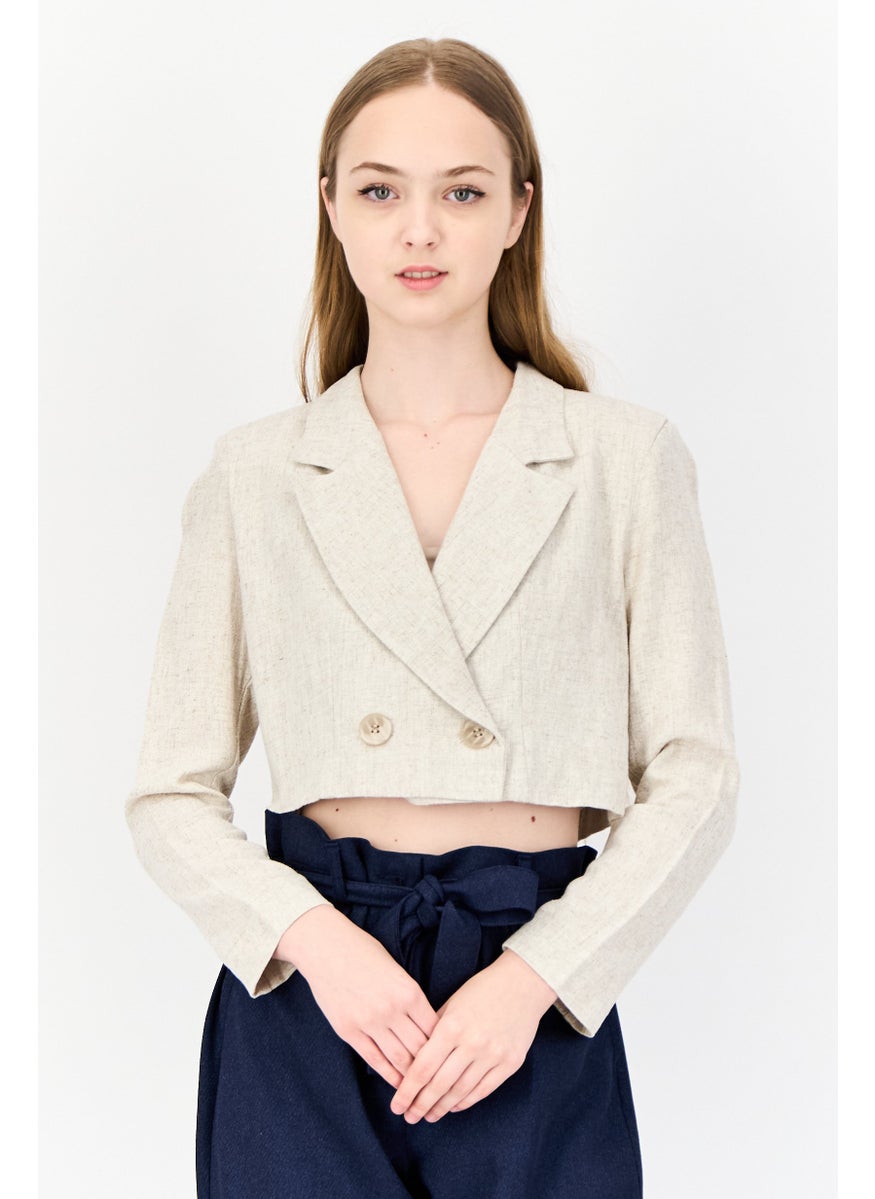 Flounce London Women Petite Fit Solid Cropped Blazer, Beige  - Image 1