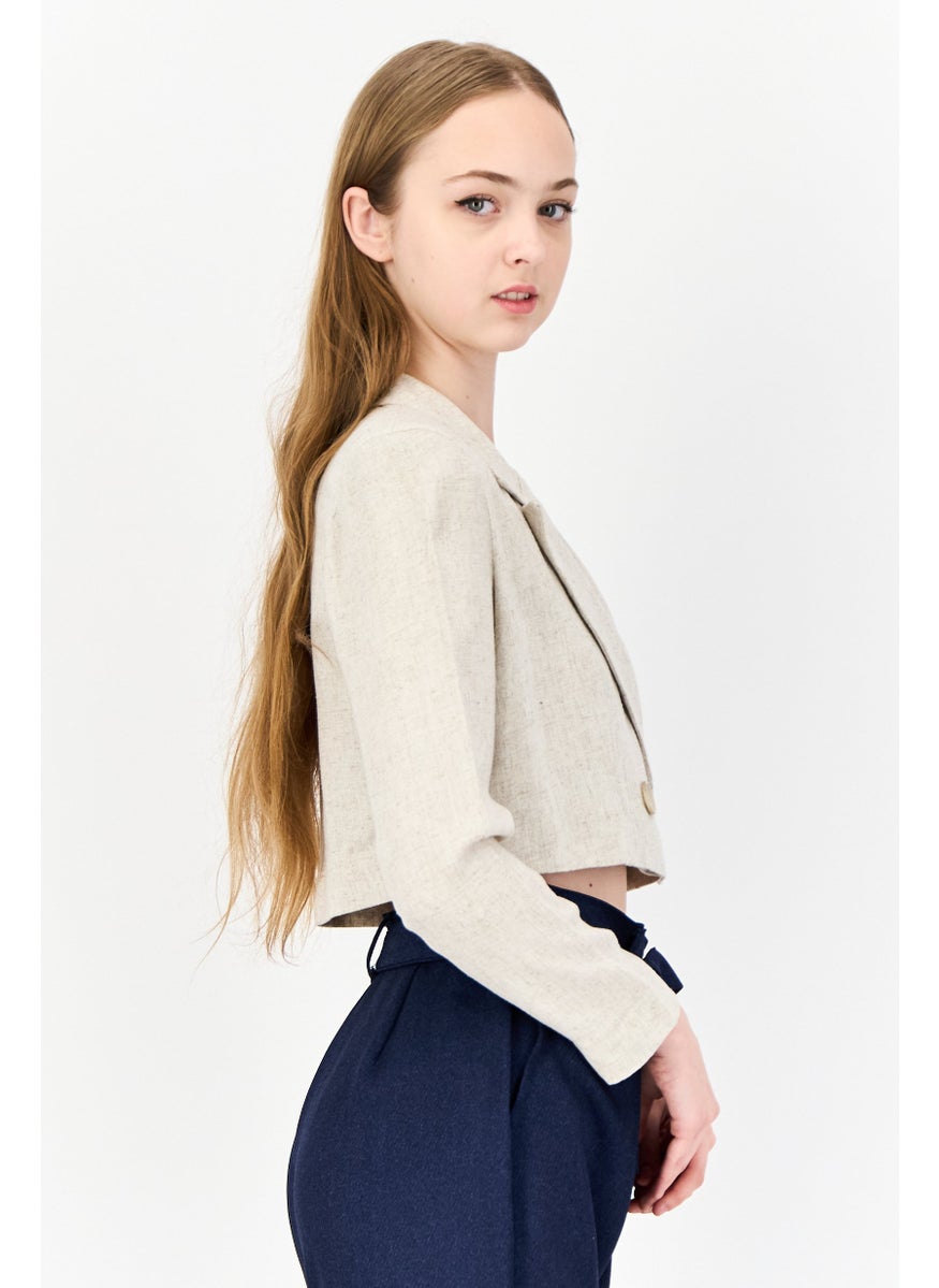 Flounce London Women Petite Fit Solid Cropped Blazer, Beige  - Image 2