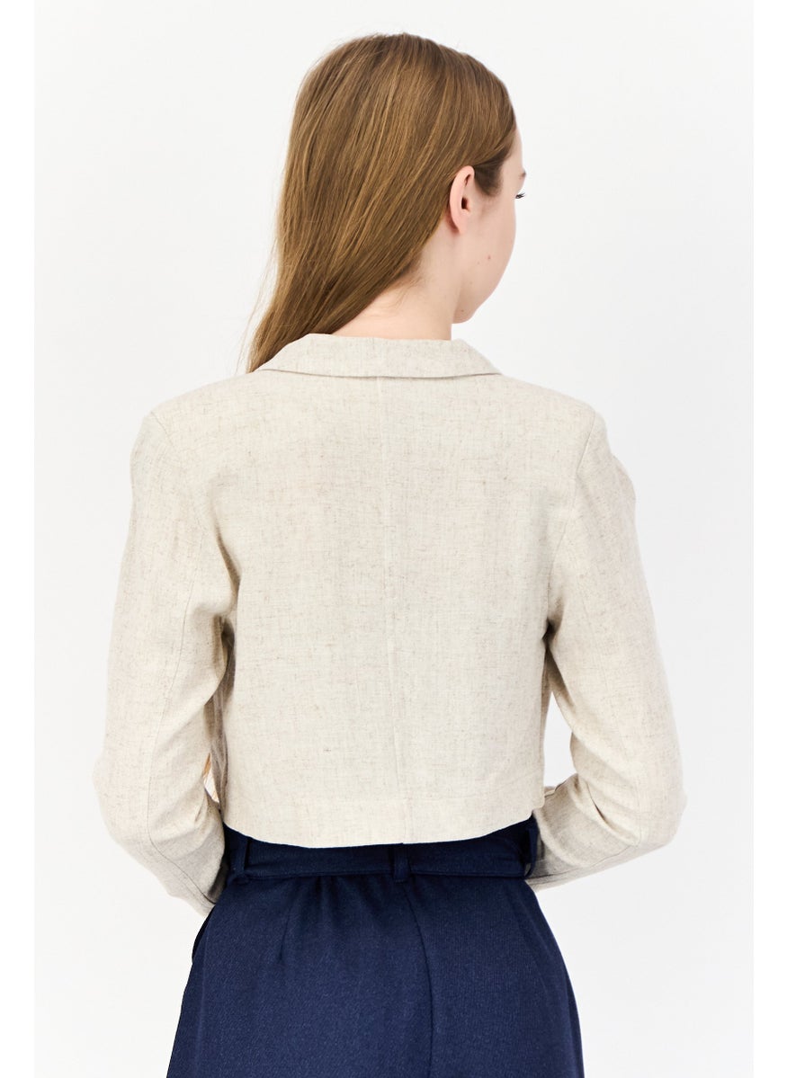 Flounce London Women Petite Fit Solid Cropped Blazer, Beige  - Image 3