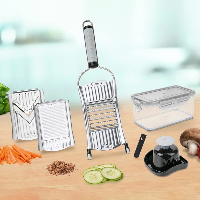 Genius Nicer Dicer Speed Vegetable Slicer with 3 Inserts, Stand and 550ml Collecting Container, Parmesan Grater, Julienne Grater and V-Slicer - Image 2