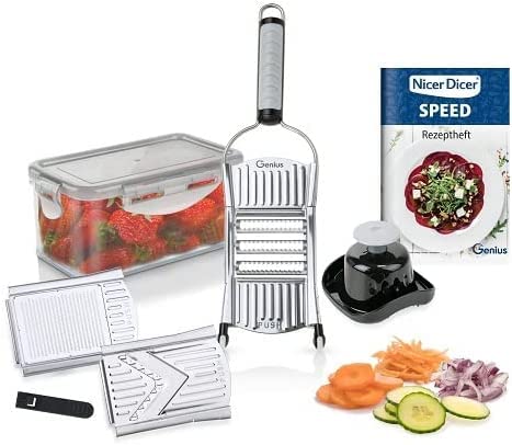 Genius Nicer Dicer Speed Vegetable Slicer with 3 Inserts, Stand and 550ml Collecting Container, Parmesan Grater, Julienne Grater and V-Slicer - Image 1